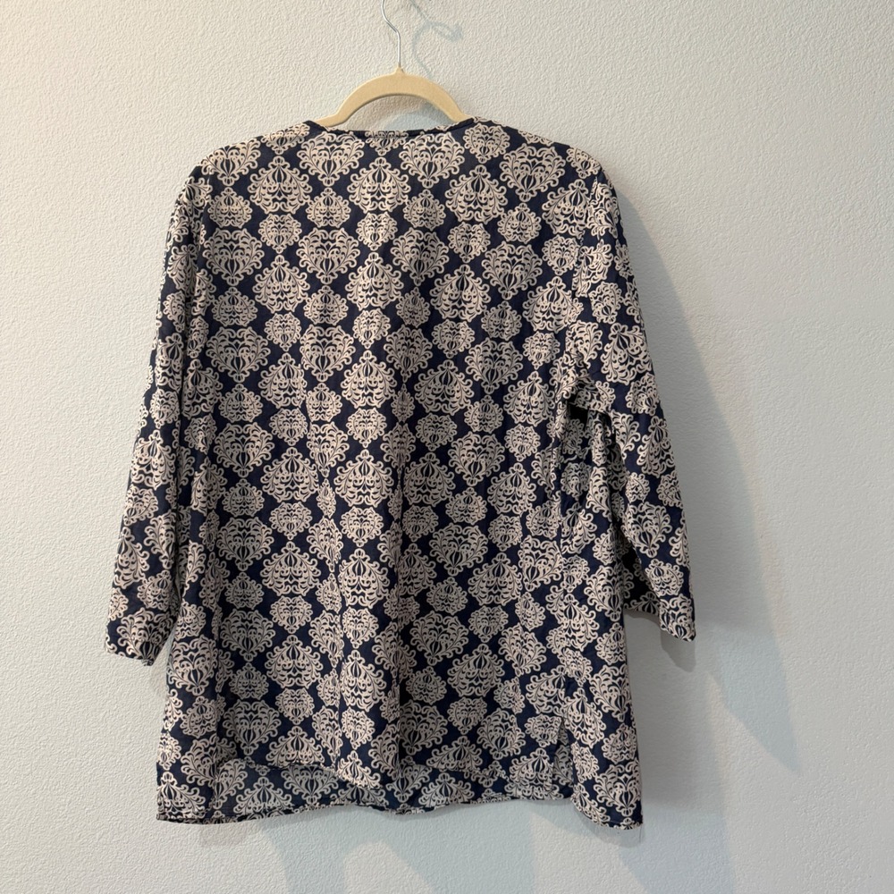 Talbots Plus 1X Navy Blue Damask Cotton Tunic Coastal Boho Crochet Lace Trim Top - Picture 6 of 12
